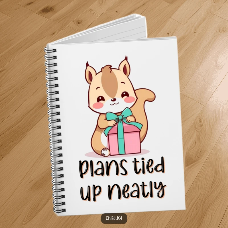 Funny Kawaii Squirrel Notebook: A playful squirrel character tying a ribbon on a gift box, for planning and jotting ideas.