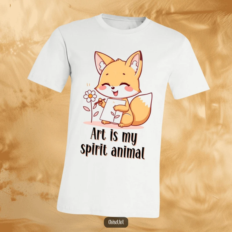 Funny Kawaii Fox T-Shirt: A joyful fox character joyfully sketching a simple flower design, celebrating creativity and art.