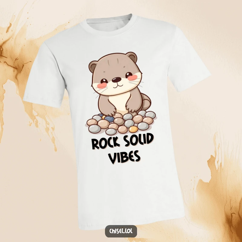 Funny Kawaii otter t-shirt showing a curious character carefully arranging shiny pebbles into a pattern with its paws, great gift item.
