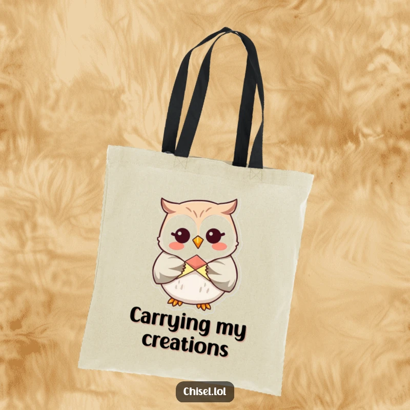 Funny Kawaii Owl Tote Bag: A giggling owl carefully folding a colorful origami shape, perfect for carrying craft supplies.