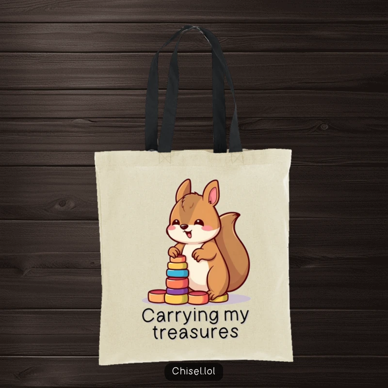Funny Kawaii squirrel tote bag depicting a determined character stacking small brightly colored wooden rings, very useful.