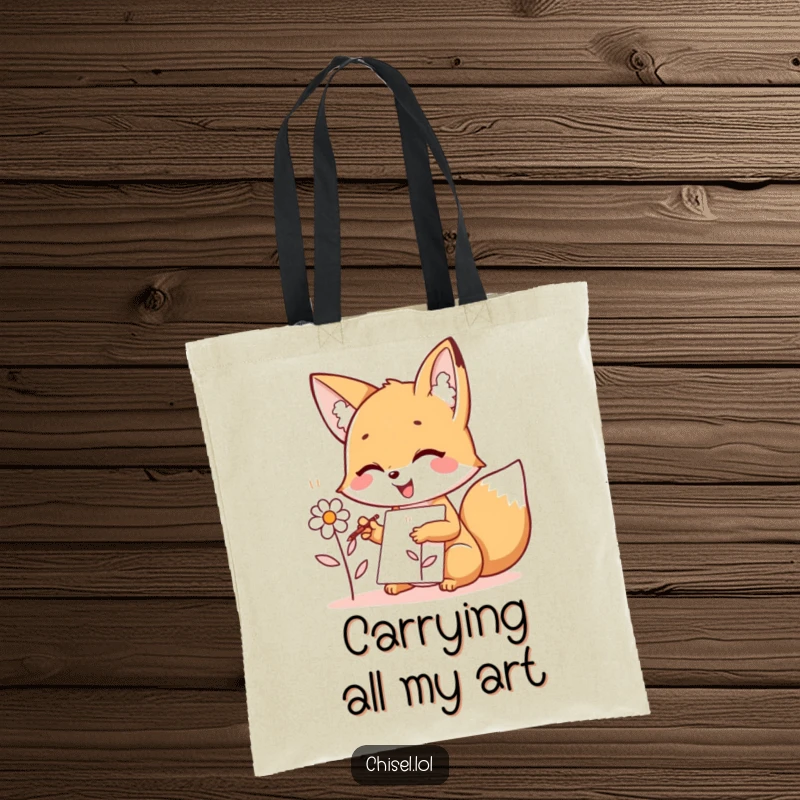 Funny Kawaii Fox Tote Bag: A joyful fox character sketching a simple flower design, perfect for carrying art supplies or daily items.